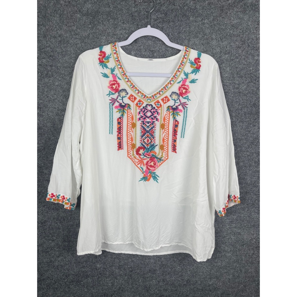 Embroidered Blouse Women's XL White Excellent Boho Floral V-Neck Top‎ festival